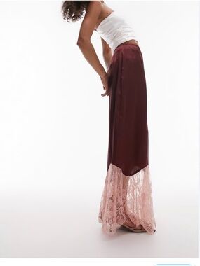 Topshop Burgundy Maxi Skirt with Blush Lace Hem